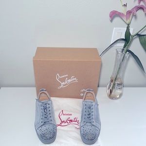 Christian Loubiton low-top suede and Swarovski crystal lt blue sneakers sz 44/11